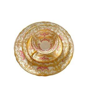 John Ansley Bone China 7986 00 Place Setting Gold Leaf Ornate Pink Vtg